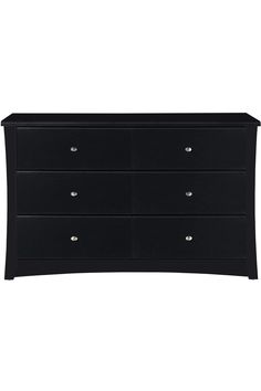 a black dresser with four drawers and two doors on the bottom drawer, in front of a white background