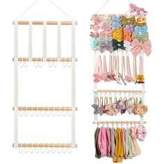 a white rack with several pairs of baby shoes hanging from it's sides