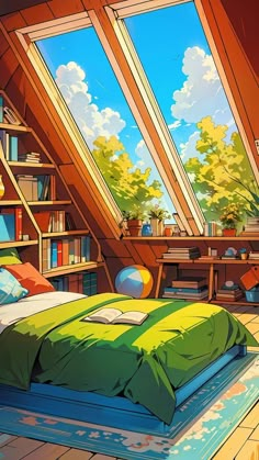 a room with a bed, bookshelf and window