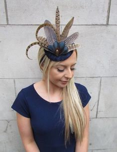 Fall Wedding Hairstyles, Feather Fascinator, Blue Headband, Feather Fascinators, Pillbox Hat, Navy Lace, Fascinator Hats, Pill Boxes, White Brand