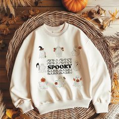 Spooky White Cotton Sweatshirt, White Spooky Cotton Sweatshirt, White Cotton Spooky Sweatshirt, White Character Print Hoodie For Fall, White Sweatshirt With Character Print For Fall, White Graphic Print Sweatshirt For Halloween, White Custom Print Hoodie For Fall, Cute Ghost, Sweat Shirt