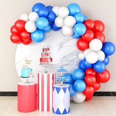 an american flag themed birthday party with balloons and cake