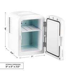 an open white mini fridge with its door open