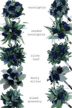 blue flowers and greenery are arranged in the shape of a vertical line on a white background