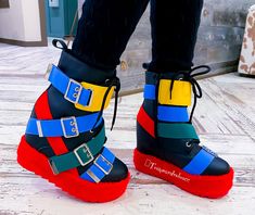 These gorge statement platforms sneakers are a must have for every Diva. Featuring a multi color buckle design. Anthony Wang. Measurement Heel Height: 2.5" (approx.) Silly Accessories, Zombie Monkey, Aesthetic Sneakers, Platforms Sneakers, Star Boots, Unique Sneakers, High Fashion Outfits, Wardrobe Accessories, Little Outfits