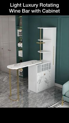 a white marble table with gold legs and shelves in a room that has green walls