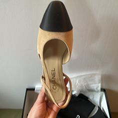 Classic Beige/Black Chanel Slingbacks Brand New, Unworn And In Original Purchase Condition. Suede Size 37.5 Come With Original Box And Dust Bags. Purchase Receipt Available Upon Request As Well Slingback Chanel, Chanel Ankle Boots, Heels Chanel, Chanel Shoes Heels, Chanel Pumps, Chanel Heels, Chanel Slingback, Chanel #1, Purchase Receipt