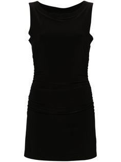 black stretch-jersey boat neck sleeveless ruched bodice straight hem thigh-length internal bodysuit Flattering Elastane Bodycon Dress, Chic Bodycon Dress With Ruched Bodice, Sleeveless Sleek Elastane Mini Dress, Elastane Bodycon Dress With Ruched Bodice, Sleeveless Sleek Mini Dress In Elastane, Sleek Sleeveless Elastane Mini Dress, Sleeveless Bodycon Dress With Ruched Back For Evening, Bodycon Ruched Mini Dress In Elastane, Ruched Bodycon Mini Dress In Elastane