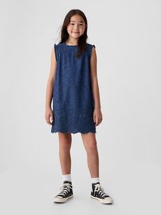 Gap × DÔEN Kids Eyelet Denim Dress | Gap Toddler Jeans, Slim Fit Casual Shirts, Flower Girl Tutu, Scalloped Hem, Workwear Dress, The Gap, Girls Shopping, Kids Dress, Blouse And Skirt