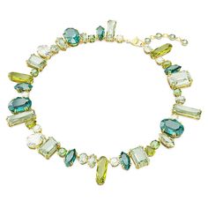 Crafted with an array of cuts and colors, this eye-catching Gema necklace glows with unexpected beauty. Celebrating Swarovski's unique mastery of crystals, the hypnotic green stones are set in a bohemian style on a radiant gold-tone plated setting finished with a lobster clasp. Reach for this stunning piece for an instant shot of glamour. Article no.: 5657388 Collection: Gema Length (minimum - maximum): 14.17 - 15.75 inch Width: 0.9 inch Material: Crystals, Gold-tone plated Color: Green Clasp ty Green Crystal Necklace With Stones, Green Crystal Necklaces With Sparkling Stones, Green Crystal Necklace With Jewels, Green Necklace With Gemstone Accents, Green Sparkling Stone Necklace For Party, Green Crystal Jewelry With Jeweled Details, Green Necklace With Sparkling Stones For Party, Green Necklaces With Sparkling Stones For Party, Unexpected Beauty