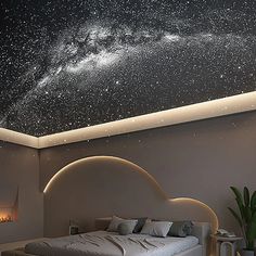 a bedroom with a large bed under a sky filled with stars and the ceiling is lit up