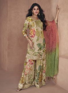 Olive Green Sequence Embroidery Printed Gharara suit Marriage Dresses, Gharara Suits, Elevated Casual, Salwar Kameez Online, Sharara Suit, Utsav Fashion, Designer Salwar Suits, Salwar Kameez Designs, Lehenga Designs