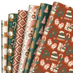 six christmas wrappings in different colors and patterns