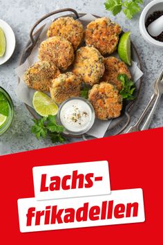 an overhead view of some fried food on a plate with the words lachs - frikadelen above it