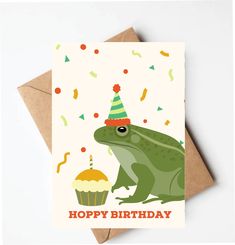 a birthday card with a frog wearing a party hat