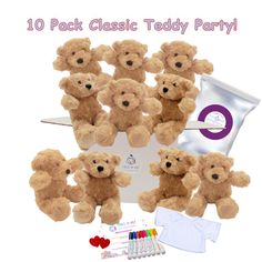 a group of teddy bears sitting next to each other with the words 10 pack classic teddy party