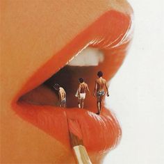 a woman's lips are shown with miniature people on them