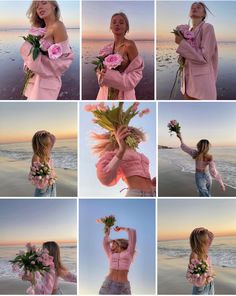 the woman is holding flowers and posing on the beach