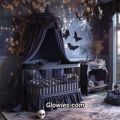 a baby crib in the corner of a room with bats and flowers on the wall