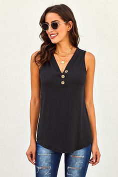 •Lightweight silky sleeveless top with a ribbed texture. •cute 3-button detail decor, buttons are not functional. •Can be worn as dressy or casual. •Regular fit silhouette, cool sleeveless and rounded hemline. True to size Best Tank Tops, Casual Black, Solid Tops, Black Rib, Knitted Tank Top, Black Tank, Knit Tanks, Ribbed Fabric, Black Tank Tops