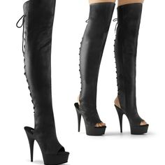 Pleaser Shoes Del3019/B/Pu Black Faux Leather 6" ( 6 Inch / 15.2cm ) Stiletto Heel, 1 3/4" (4.5cm) Platform Open Toe/Heel Lace-Up Back Over-The-Knee Boot, Full Length Inner Side Zip Closure. - Free Shipping - Brand New In The Box - Perfect For Cosplay Outfits, Sexy Heels And Boots, Pole Dance High Heels, Drag, Burlesque And More - Also Available In White Faux Leather #Nwt #Goth #Dollskill #Unisex #Summer Open Toe Thigh High Boots, Black Dancers, Alternative Shoes, Pleaser Heels, Festival Shoes, Punk Boots, Pleaser Shoes, Thigh High Boots Heels, Gogo Boots