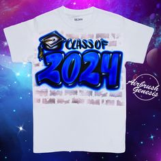 a t - shirt with the words class of 2021 printed on it in blue and white