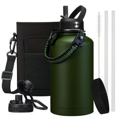 a green water bottle and other items on a white background