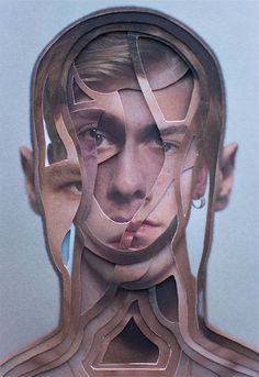 a man's face is cut out into multiple parts, including the neck and head