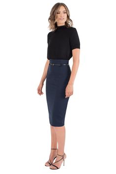 The classic pencil skirt made of our finely woven, stretch gabardine. Style features detailed yoke with a 3/8" genuine leather belt that sits at your natural waist. Skirt has center back invisible zipper, with hook and eye closure. Falls 29" from natural waist. Self: 62% Polyamide, 32% Viscose, 6% Elastane. Lining: 95% Polyester, 5% Elastane. Dry Clean Only. Made in USA of Imported Materials. Pencil Skirt Tutorial, Pencil Skirt Work, Pencil Skirt Outfits, Black Halo, High Waisted Pencil Skirt, Jackie O, Womens Pencil Skirts, Skirt Belt, Mid Length Skirts