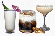 three different types of cocktails on a white background with pretzels and cookies