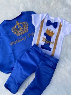 Prince - Prince Set - Prince Outfit CURRENT PROCESSING TIME IS 2 WEEKS WITH STANDARD SHIPPING, IF YOU DO NEED IT SOONER PLEASE CHOOSE A SHIPPING UPGRADE DURING THE CHECKOUT PROCESS.  This Prince shirt is custom made for just for you! Not only is it a perfect birthday shirt outfit, but it is also great for photoshoots. Your child will look perfect in this shirt. The design is embroidered meaning it is stitched onto the shirt and cape for great durability and quality. This shirt is a boutique qual Fitted Short Sleeve Sets For Birthday, Fitted Blue Top For Birthday, Blue Fitted Top For Birthday, Prince Outfit, Prince Shirt, Prince Clothes, Baby Boy Clothing Sets, Clothing Sets, Boys Clothing