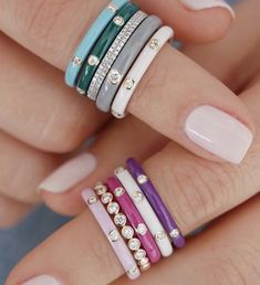 14K Yellow Gold, Hunter Green Enamel, 3-Diamond, Size 7 Enamel Rings, Stack Ring, Stacking Bands, Stacked Jewelry, Pink Enamel, Enamel Ring, Enamel Jewelry, Color Ring, Color Combo