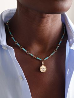 Rooted in symbolism, Foundrae's heirloom-inspired jewelry is meant to feel like part of the wearer. This 16-inch necklace is comprised of turquoise centered with a diamond-encrusted 'Reverie' medallion - it features a butterfly representing the inextinguishable soul, a roman numeral X for manifestation and a spade believed to be the energy catalyst. Luxury Turquoise Pendant Jewelry, Elegant Blue Necklace With Coin Pendant, Heirloom Turquoise Necklace As Gift, Heirloom Turquoise Necklace For Gift, Turquoise Pendant Necklace With Detachable Pendant, Turquoise Necklace With Detachable Pendant, Elegant Turquoise Necklace With Detachable Pendant, Simplicity Fashion, 16 Inch Necklace