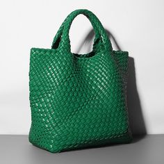 Dark Green Woven Vegan Leather Shopper Bag Large Handbag Soft Purse for Work | Baginning Green Leather Handbag, Leather Hobo Bags, Leather Shopper Bag, Woven Bags, Style Evolution, Large Handbag, Bean Burger, Pocket Books, Vegan Handbags