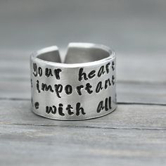 Inspiration Ring Quote Ring So Fill Your Heart by PureImpressions Inspirational Personalized Ring Jewelry, Nickel-free Meaningful Promise Ring, Personalized Inspirational Ring Jewelry, Everyday Meaningful Hand Stamped Stackable Rings, Adjustable Inspirational Rings For Everyday, Inspirational Hand Stamped Promise Ring, Meaningful Stamped Engraved Promise Ring, Meaningful Hypoallergenic Jewelry For Promise Ring, Meaningful Silver Stackable Rings