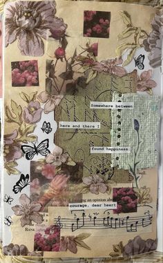 altered collage with flowers, butterflies and music notes on it's paper sheet