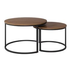 two round tables with metal bases and wood tops, one on each side by the other