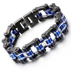 Not just a bracelet, it's a motorcycle chain model available in several colors by Innovato Design  Made of Stainless Steel Available in: Black, Blue, Yellow, Orange and Green variants Multiple sizes available: 7" to 9"   Innovato offers 30 days to return no question asked and 365 days full guarantee of all products. Enjoy fast support and 100% satisfaction with each order. Adjustable Black Link Chain Bracelet, Black Chain Link Bracelet, Black Metal Biker Jewelry, Biker Style Black Metal Jewelry, Black Biker Style Bracelets For Biker Events, Adjustable Black Biker Jewelry, Black Metal Jewelry For Biker Events, Casual Black Chain Bracelet, Motorcycle Chain Bracelet