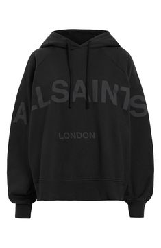 A tonal logo extends across the front of this relaxed hoodie crafted in an oversized fit from soft organic-cotton fleece for substantial warmth. Drawstring hood Dropped shoulders Ribbed cuffs and hem 100% organic cotton Dry clean Made in Portugal Short Coat Jackets, Leather Shops, Cotton Fleece, Black Fits, All Saints, Active Wear For Women, Black Hoodie, Black Noir, Black Cotton