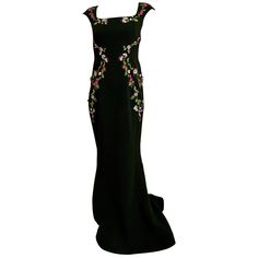 Zac Posen Dark Green Evening Gown with floral embroidery. Fit size :8