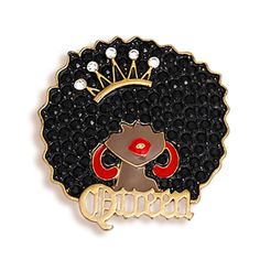 Women's Brooch Gold Metal and Black Rhinestone Afro Queen Woman Shaped Pin Featuring Crown Detail. Safety Pin C Closure. Black Rhinestones Brooch For Gift, Cowboy Crochet, Queen Woman, Afro Queen, Black Afro, Bucket Cap, Straw Handbags, Beaded Cuff, Kids Graphic Tees