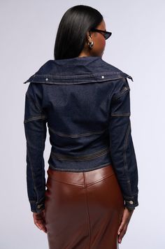 Level up your denim collection with The AKIRA Label Raw Denim Collared Jacket. This semi-stretchy denim piece features a wide fold over collar, long sleeves with buttoned cuffs, utility seaming, faux silver metallic hardware, contrast stitching, and decorative button detailing. Complete with a slight cropped front, symmetrical pointed hems, and button down front closures. Style with a denim maxi skirt and mules to finish off your look.  - Shell: 60% Cotton 35% Polyester 3.5% Viscose 1.5% Spandex - Semi-Stretchy - Imported (all measurements are approximate from size small) - 20.5” Shoulder to Hem - 21.5” Sleeves - 20.5” Shoulder to Shoulder  - Model is 5’8” Product ID: 392740 (all measurements are approximate from size 1X) - 23” Shoulder to Hem  - 23.5” Sleeves - 25” Shoulder to Shoulder Pr 45th Birthday, Collared Jacket, All White Party, Denim Maxi, White Accessories, Denim Maxi Skirt, Denim Collection, Raw Denim, White Party