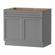 a gray cabinet with two doors and drawers on the bottom, in front of a white background