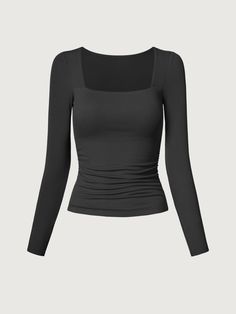 Black Long Sleeve Shirt Square Neck, Black Long Sleeve Square Neck Top, Square Neck Black Top, Black Square Neck Top Outfit, Lines On Neck, Black Longsleeves Outfit, Square Neck Top Outfit, Black Long Sleeve Shirt Outfit, Basic Top Outfit