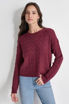 Crew neck Long sleeve Cable knit design Hem hits at waist Relaxed fit Origins: Imported Style: DJ4R0510 | DKNY Women's Crew Neck Sweater in Red Size Small Fall Neutrals, Polo Women, Under Dress, Denim Coat Jacket, Back Women, Shopping Day, Denim Coat, Outerwear Sweater, Style Profile