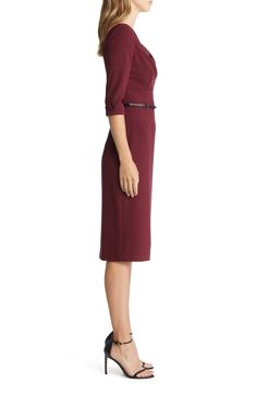 A slender belt accentuates the waist of this figure-skimming sheath that will take you from office meetings to fanciful dinners with sophisticated style. 62% polyamide, 33% viscose, 5% elastane Dry clean Made in the USA of imported fabric Knee-length Belted Dress For Date Night, Fitted Knee-length Belted Dress For Fall, Fitted Belted Knee-length Dress For Fall, Fitted Belted Dress For Formal Fall Events, Fitted Belted Dress For Date Night, Formal Fitted Belted Dress For Fall, Fitted Knee-length Belted Dress For Date Night, Elegant Fitted Belted Dress For Date Night, Semi-formal Fitted Knee-length Belted Dress