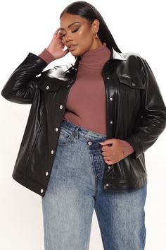 Available In Chestnut And Black. Faux Leather Jacket Button Front Over Sized Fit 100% Polyurethane Imported | Switch Up Faux Leather Jacket in Black size Large by Fashion Nova Black Faux Leather Jacket, Over Sized, Womens Black Dress, Leather Jacket Black, Faux Leather Jacket, Womens Loungewear, Jacket Buttons, Faux Leather Jackets, Black Faux Leather