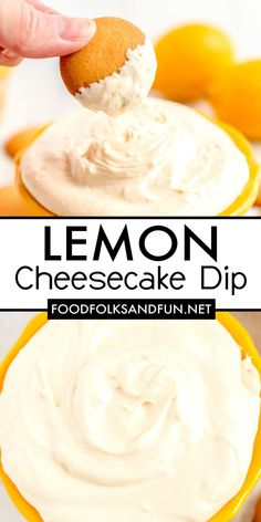 a lemon cheesecake dip in a yellow bowl with a hand dipping it into the cream