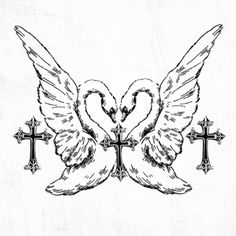 two swans with crosses on their backs in the shape of heart and cross tattoo design