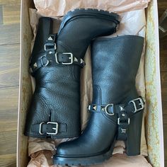 Gorgeous Never Worn Miu Miu Moto Boots, Bright Silver Hardware, Lug Sole, Lined With Black Shearling. Super Trendy And Feminine Size 39 On Box, I Wear A Size 9. Lug Boots, Leather Biker Boots, Miu Miu Shoes, Motorcycle Leather, Pull On Boots, Leather Moto, Moto Boots, Lug Sole, Tall Boots